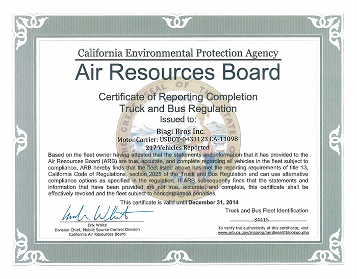 Air Resources Board Certificate